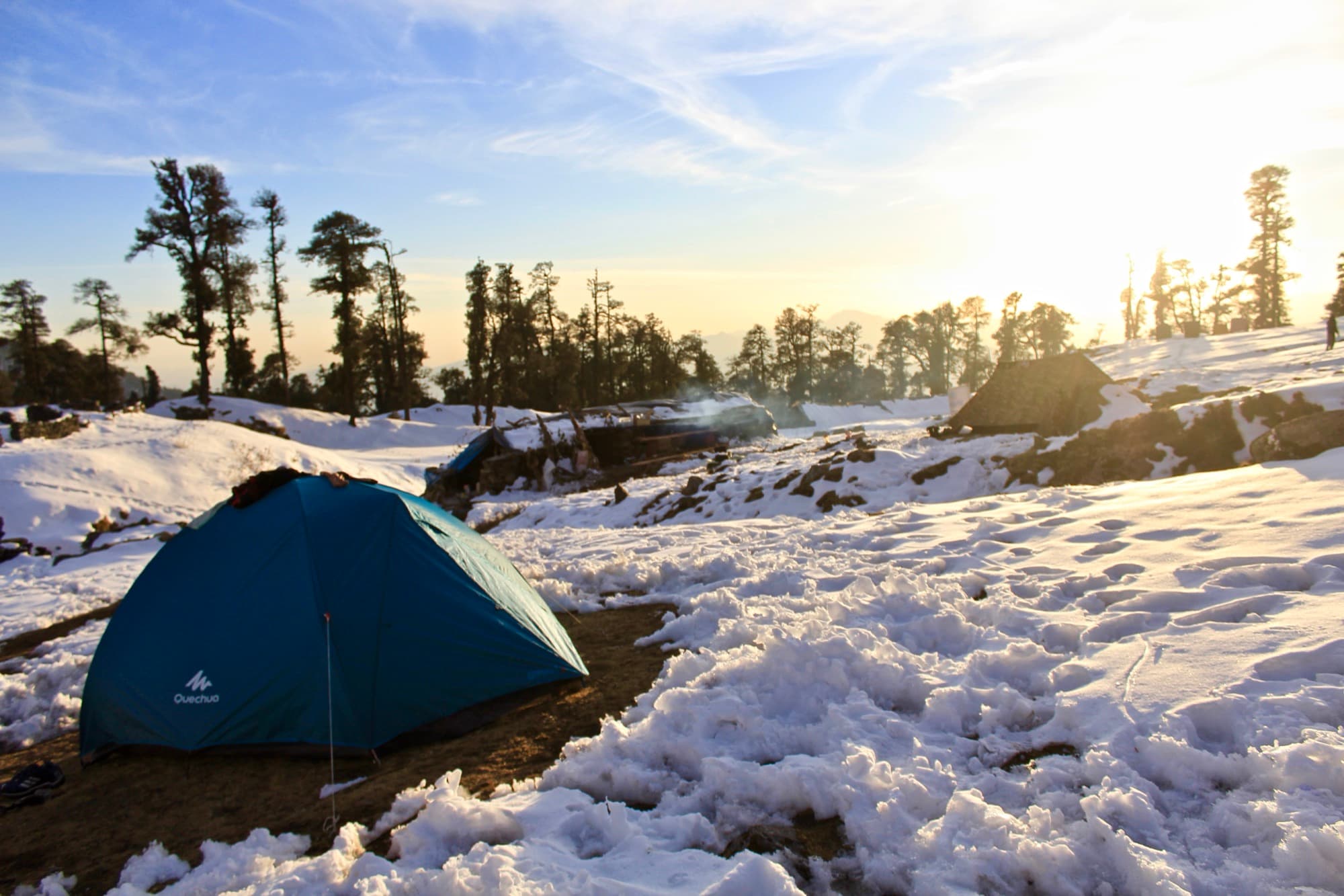 A tent pitched on snow at the Brahmatal campsite among oak trees