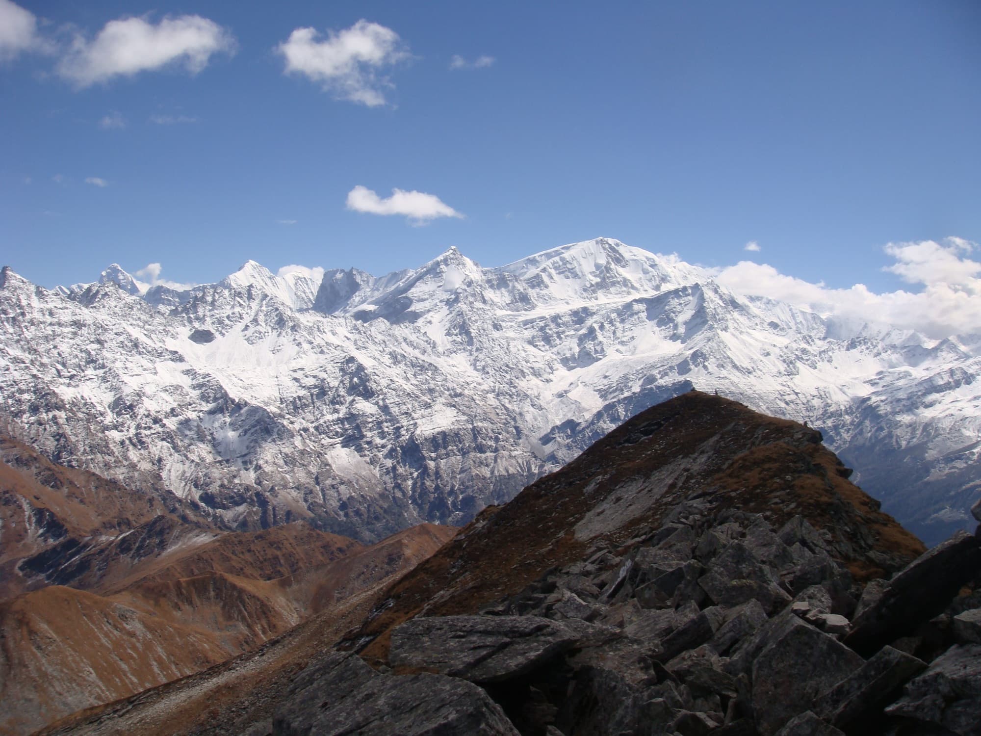 A long wall of snow peaks from the Pangarchulla ridge